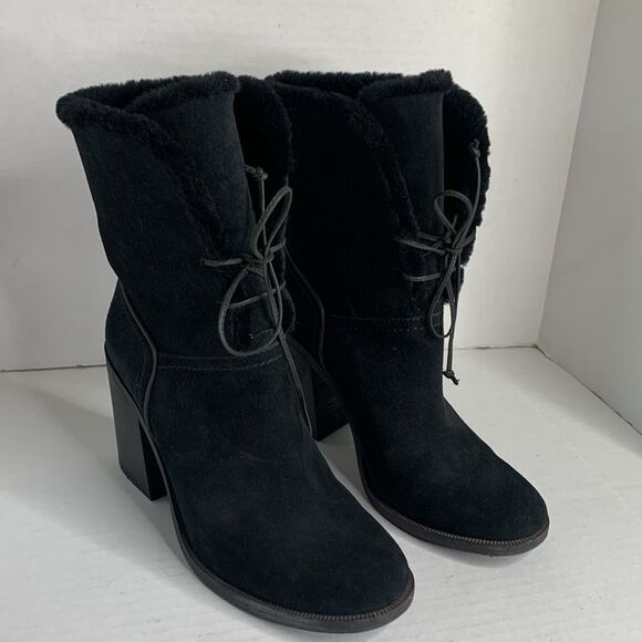 UGG Jerene black suede leather shearling lined lace-up heeled boots - Picture 3 of 10